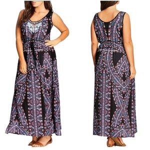 City Chic Geometric Black Blue Biba Drawstrring Maxi Dress Size L/20